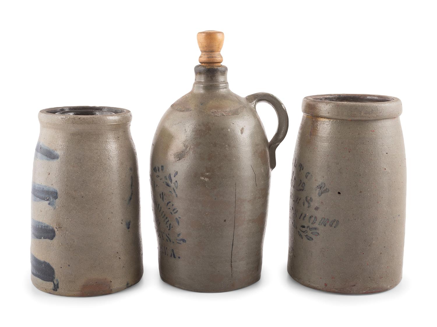 Two Cobalt-Decorated Stoneware Canners and Jug