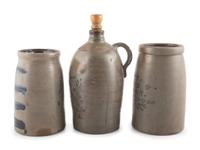 Two Cobalt-Decorated Stoneware Canners and Jug
