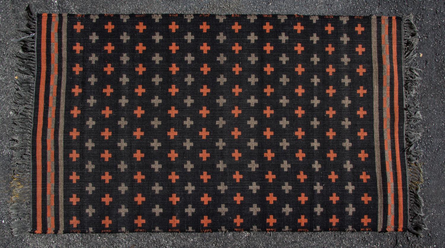 Two Indian Flat Woven Wool Rugs Dimensions of larger 4 feet 11 inches x 2 feet 8 1/2 inches. — 20TH CENTURY