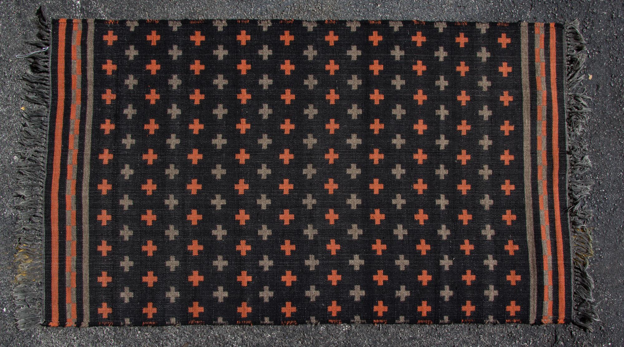 Two Indian Flat Woven Wool Rugs Dimensions of larger 4 feet 11 inches x 2 feet 8 1/2 inches. — 20TH CENTURY