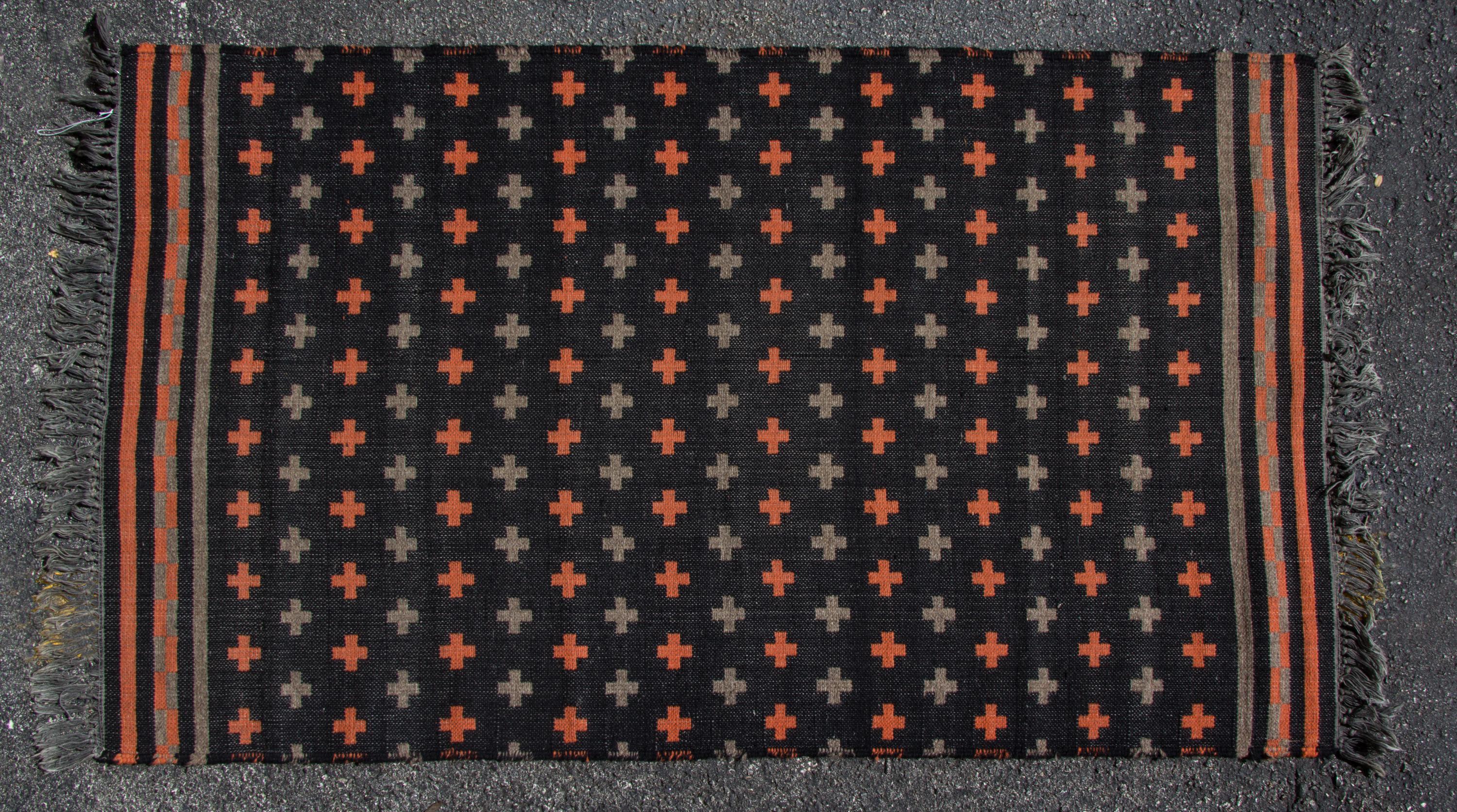 Two Indian Flat Woven Wool Rugs Dimensions of larger 4 feet 11 inches x 2 feet 8 1/2 inches. — 20TH CENTURY