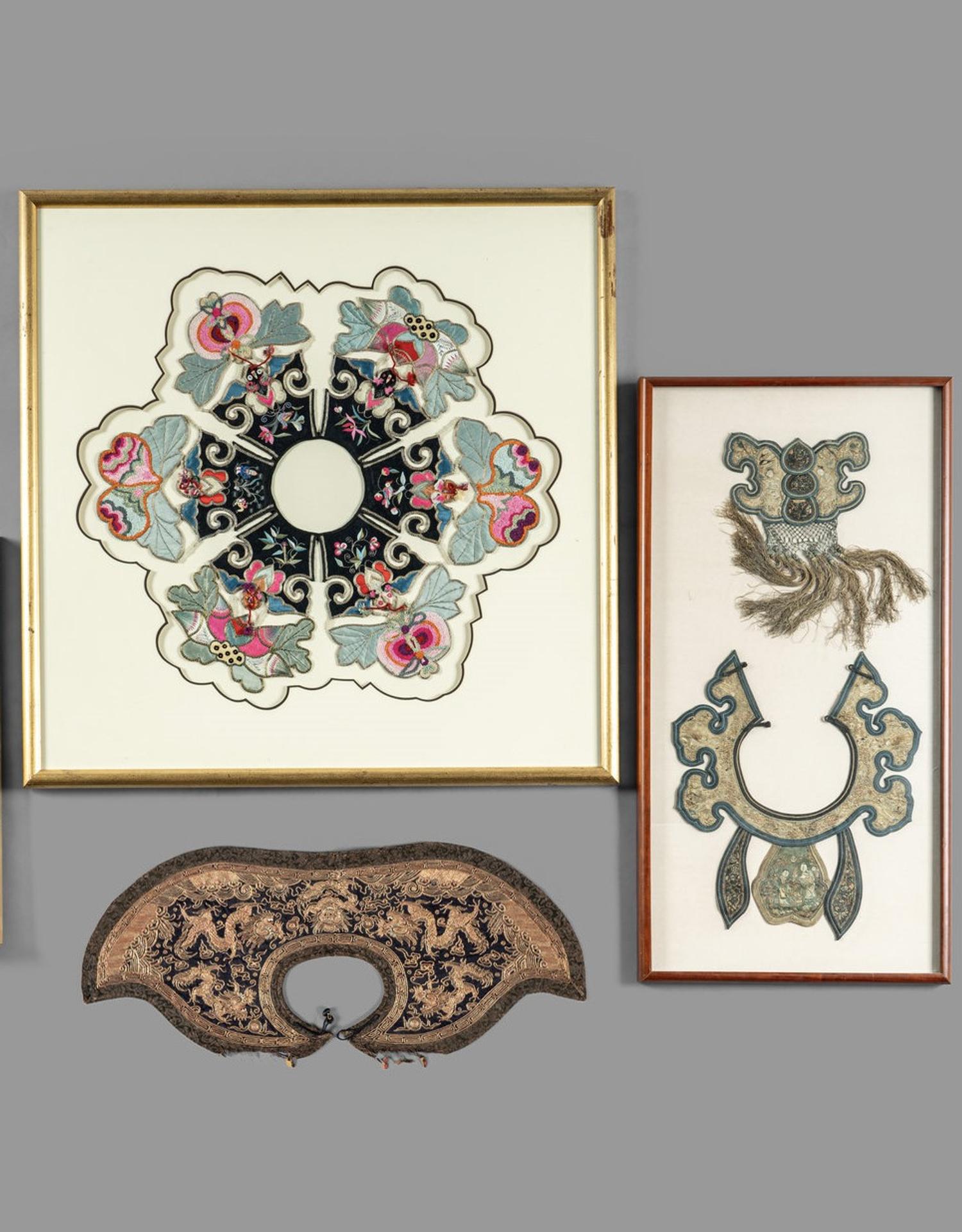 Three Chinese Embroidered Silk Collars, Qing Dynasty 清 云肩一組三件