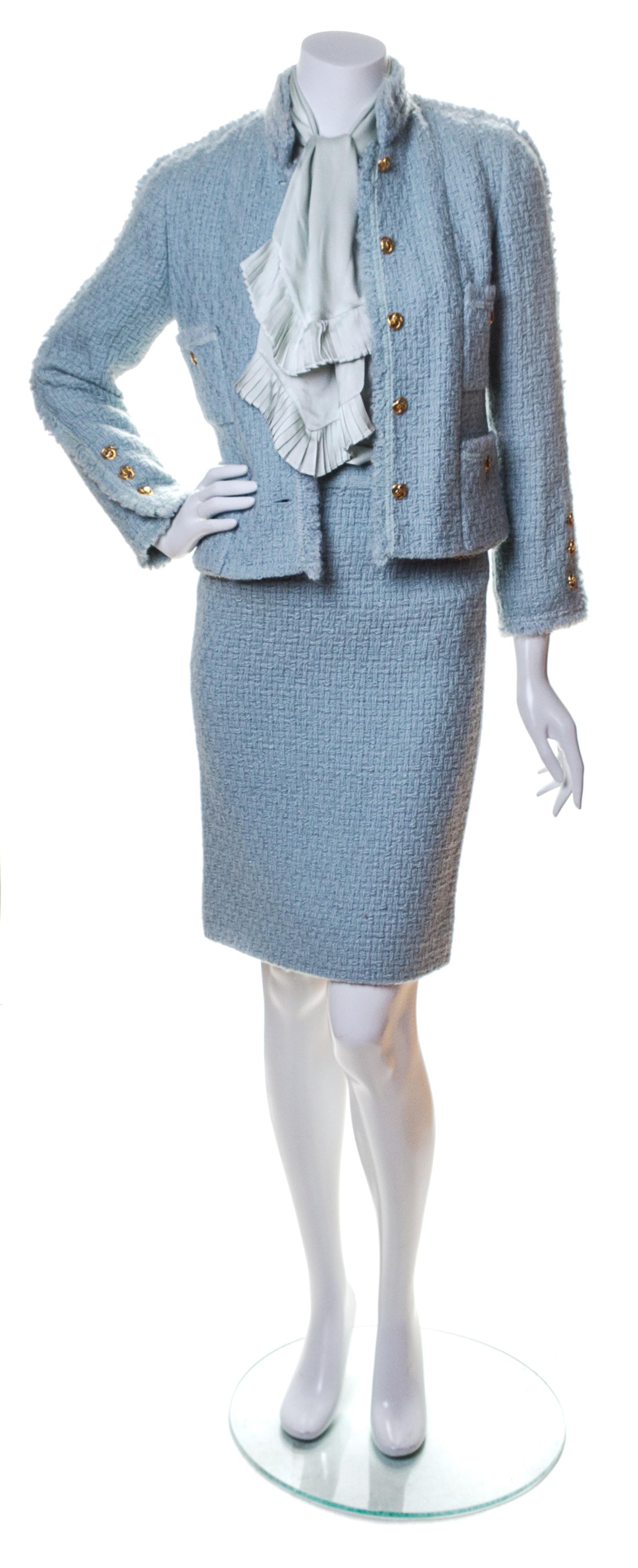 A Chanel Dusty Blue Wool Boucle Skirt Suit Ensemble, Jacket and skirt size 34.