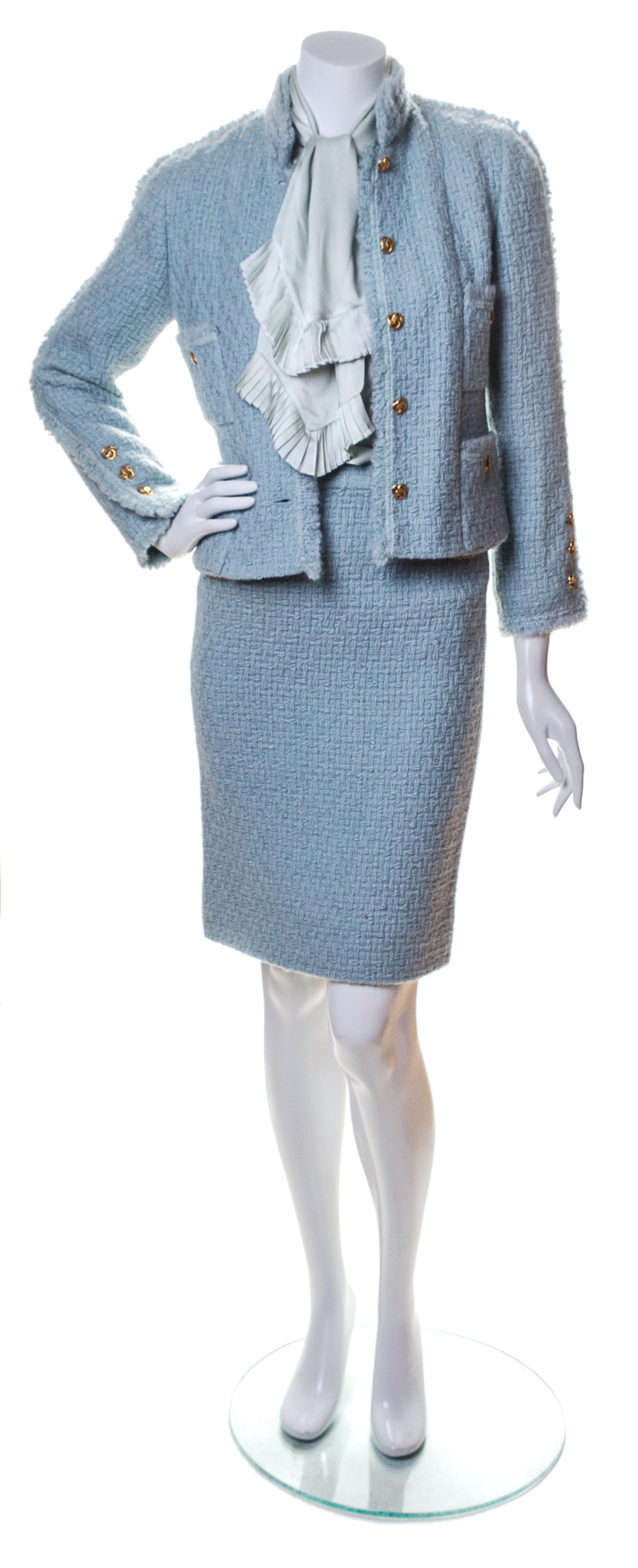 A Chanel Dusty Blue Wool Boucle Skirt Suit Ensemble, Jacket and skirt size 34.