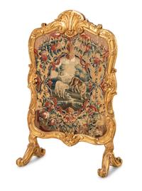 A Louis XV Style Damask and Needlepoint-Upholstered Giltwood Firescreen