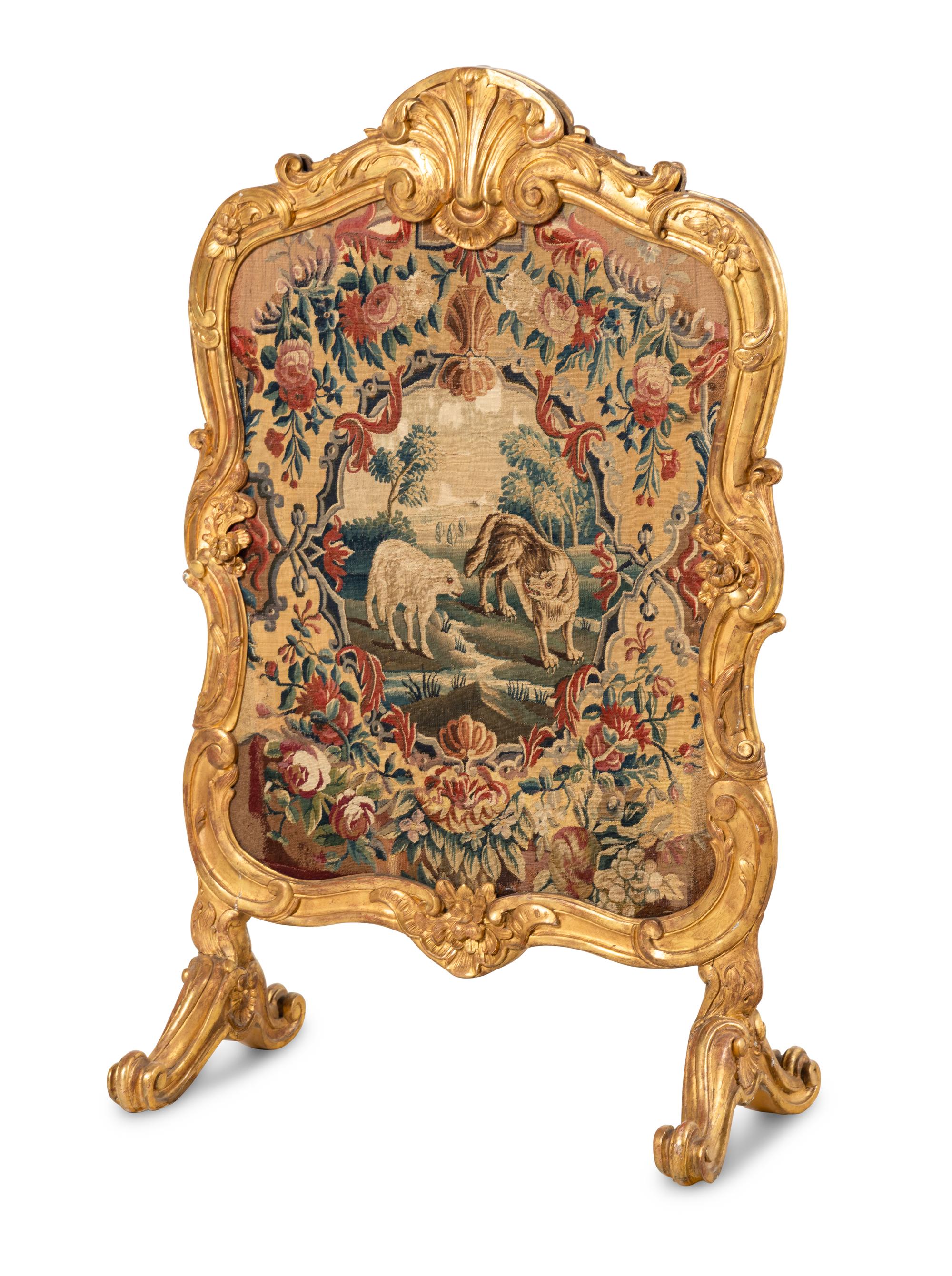 A Louis XV Style Damask and Needlepoint-Upholstered Giltwood Firescreen