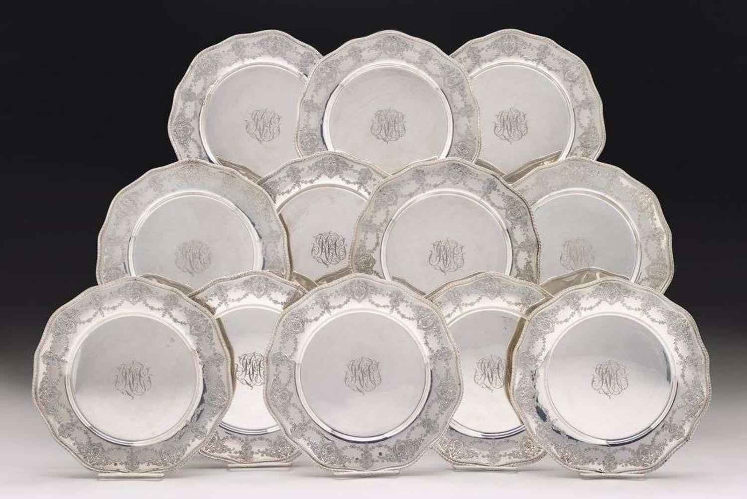 Twelve sterling silver plates f.m. whiting co., north attleboro, ma, early 20th century
