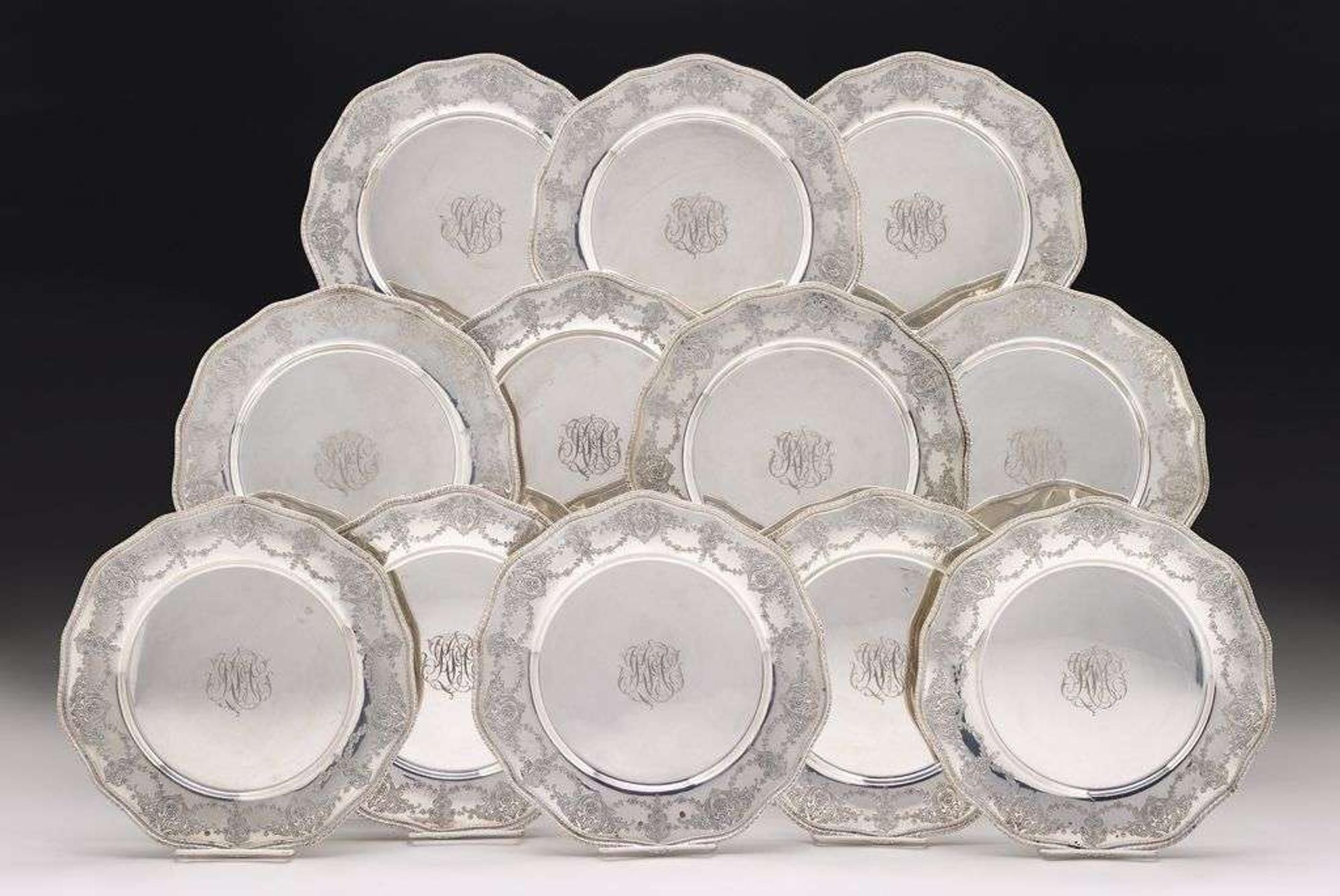 Twelve sterling silver plates f.m. whiting co., north attleboro, ma, early 20th century