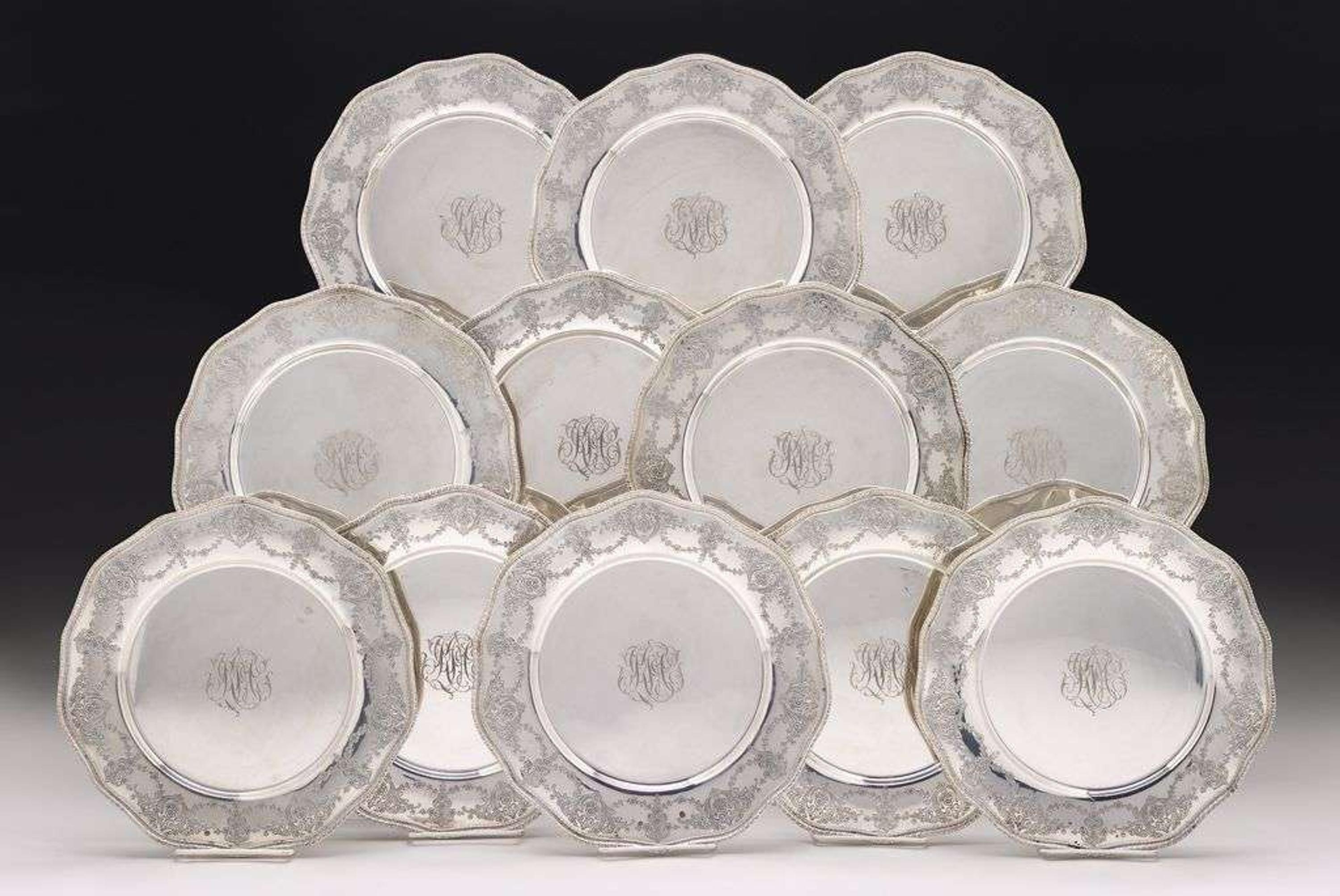 Twelve sterling silver plates f.m. whiting co., north attleboro, ma, early 20th century