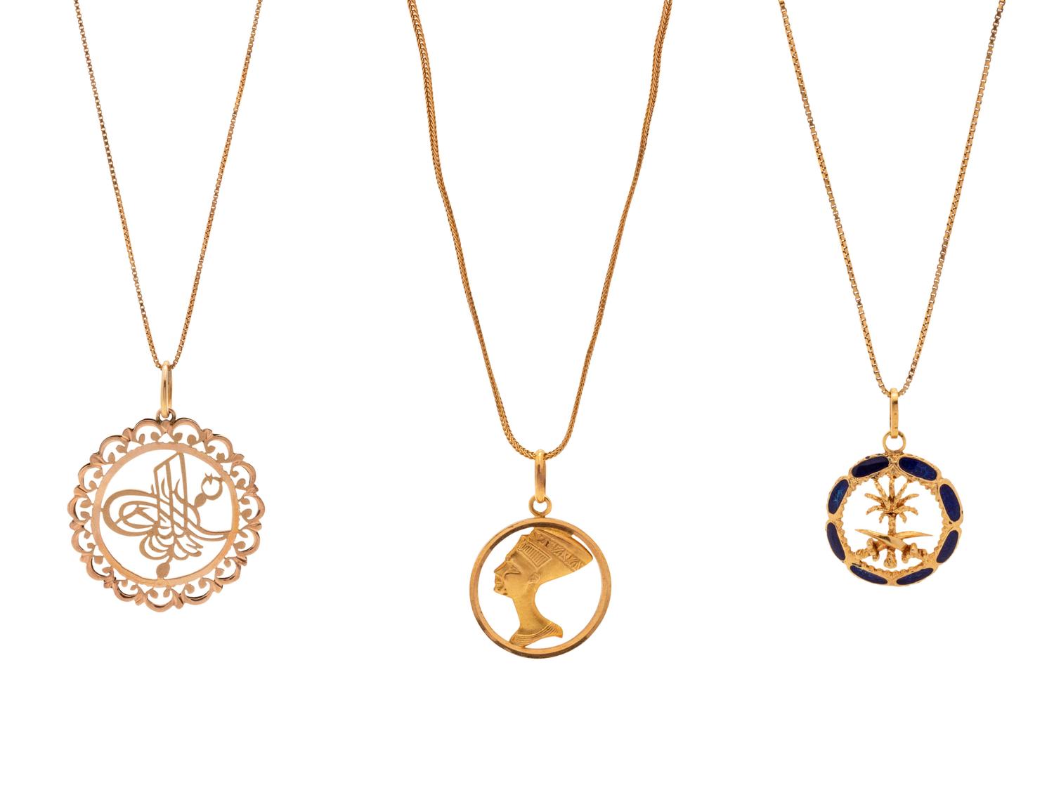 A Collection of Yellow Gold Pendant/Necklaces,