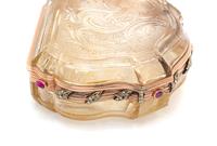 A Russian Gold Mounted and Jeweled Carved Topaz Box, St. Petersburg, 19th Century, of shield form with incised rocaille decoration, wit