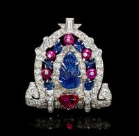 A Fine Art Deco Platinum, Sapphire, Ruby and Diamond Dress Clip, 12.90 dwts.