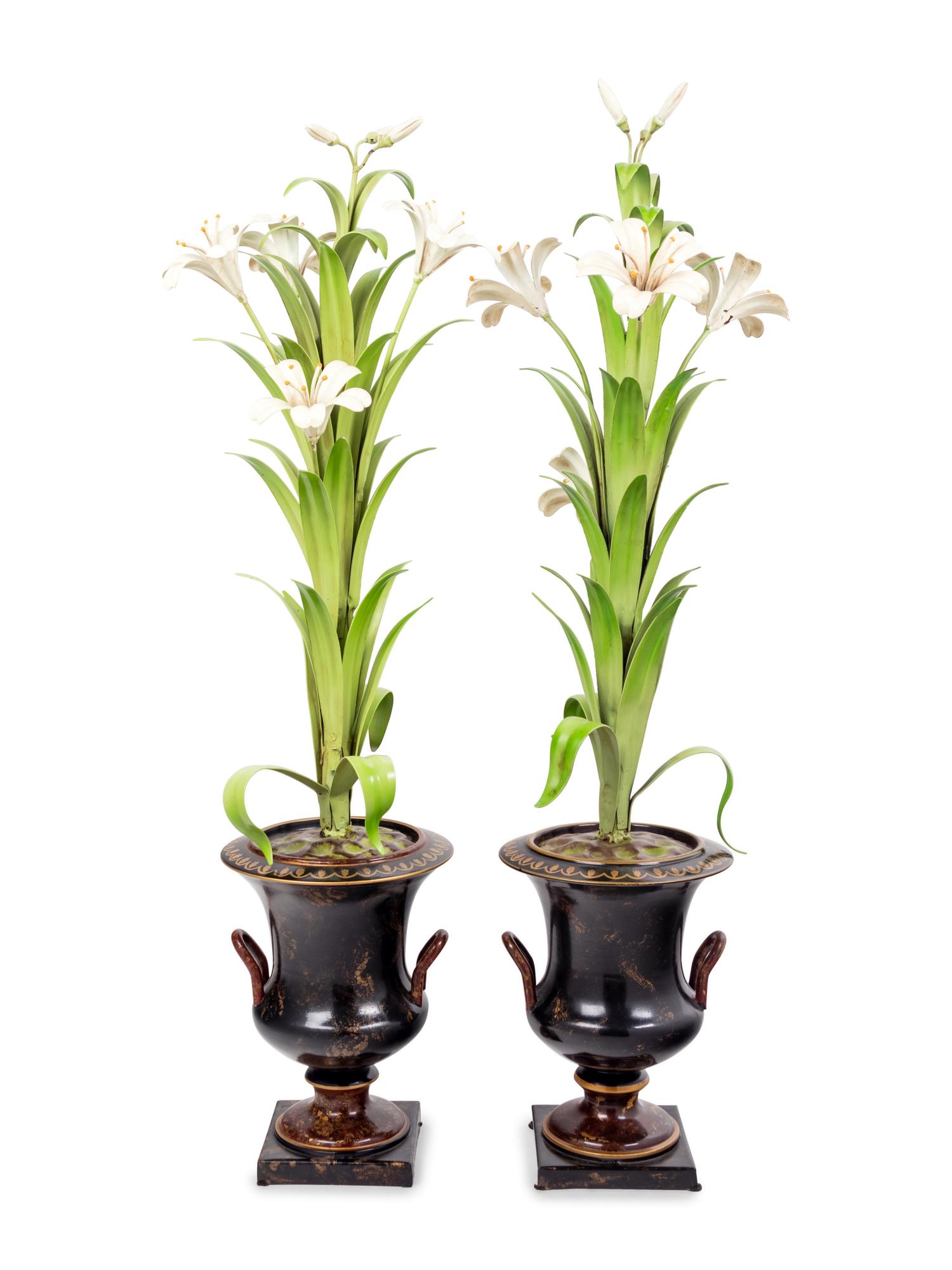 A Pair of Tôle Models of Lilies in Campagna Urns
