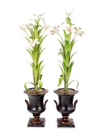 A Pair of Tôle Models of Lilies in Campagna Urns
