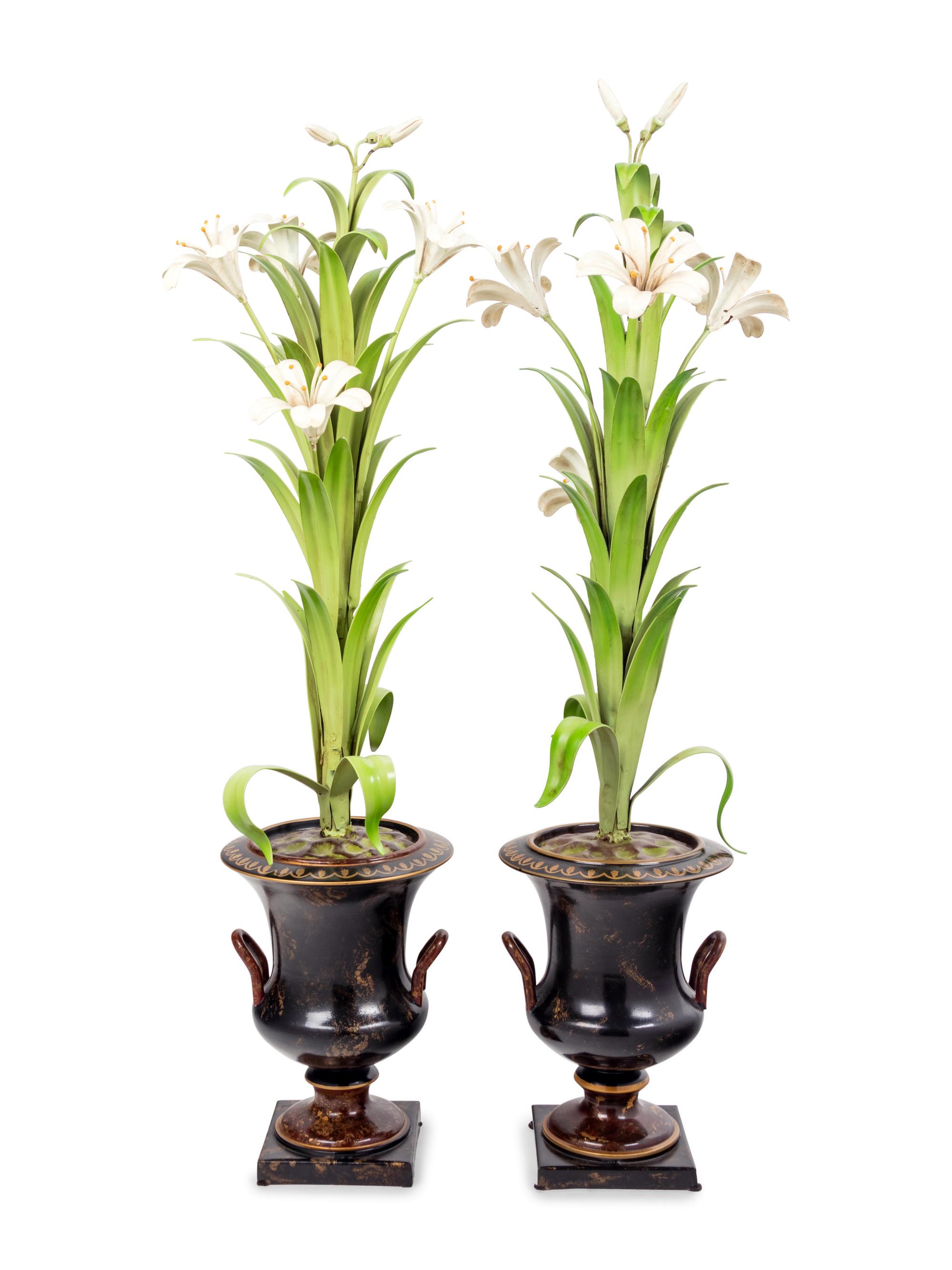 A Pair of Tôle Models of Lilies in Campagna Urns