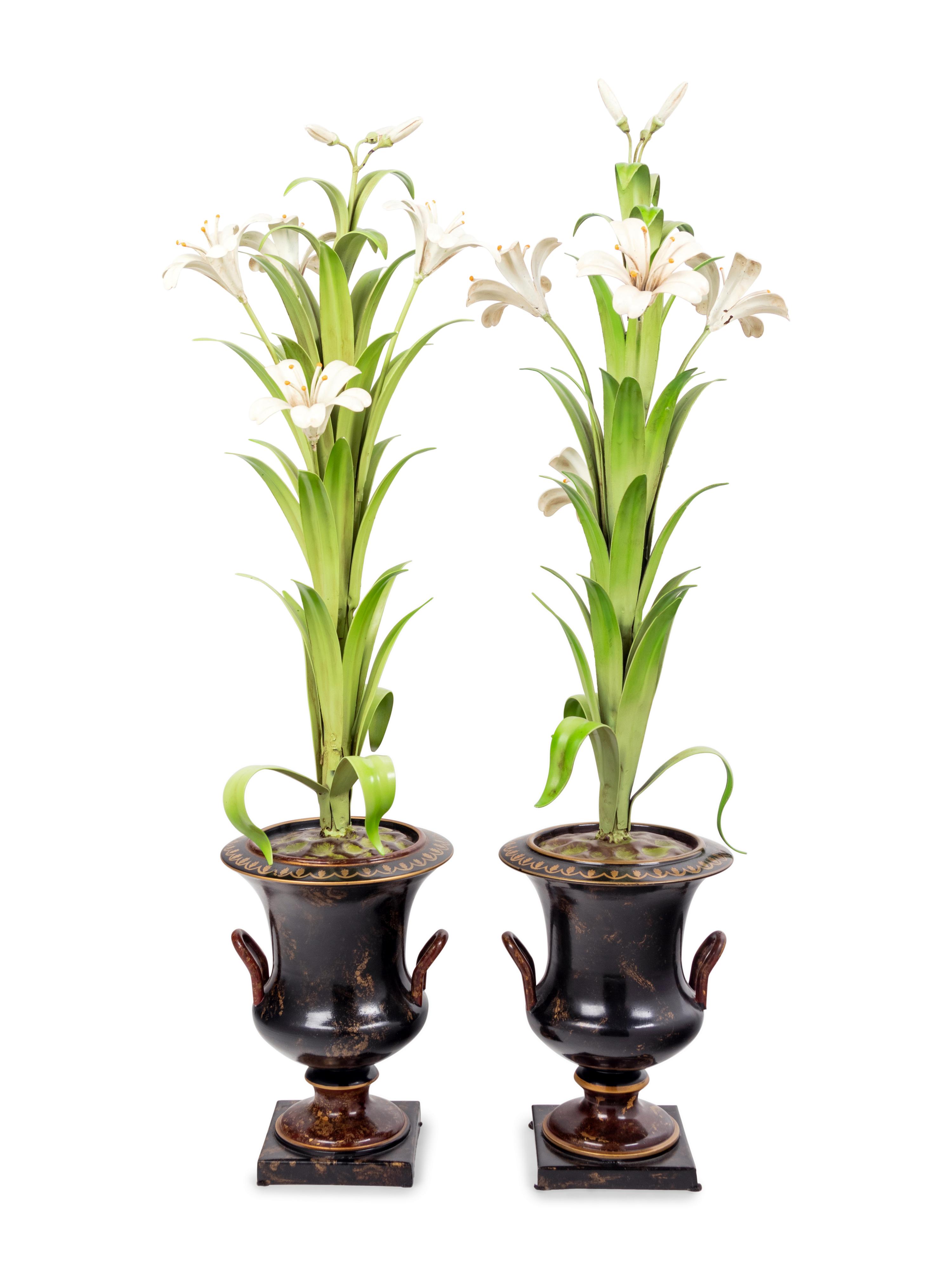 A Pair of Tôle Models of Lilies in Campagna Urns