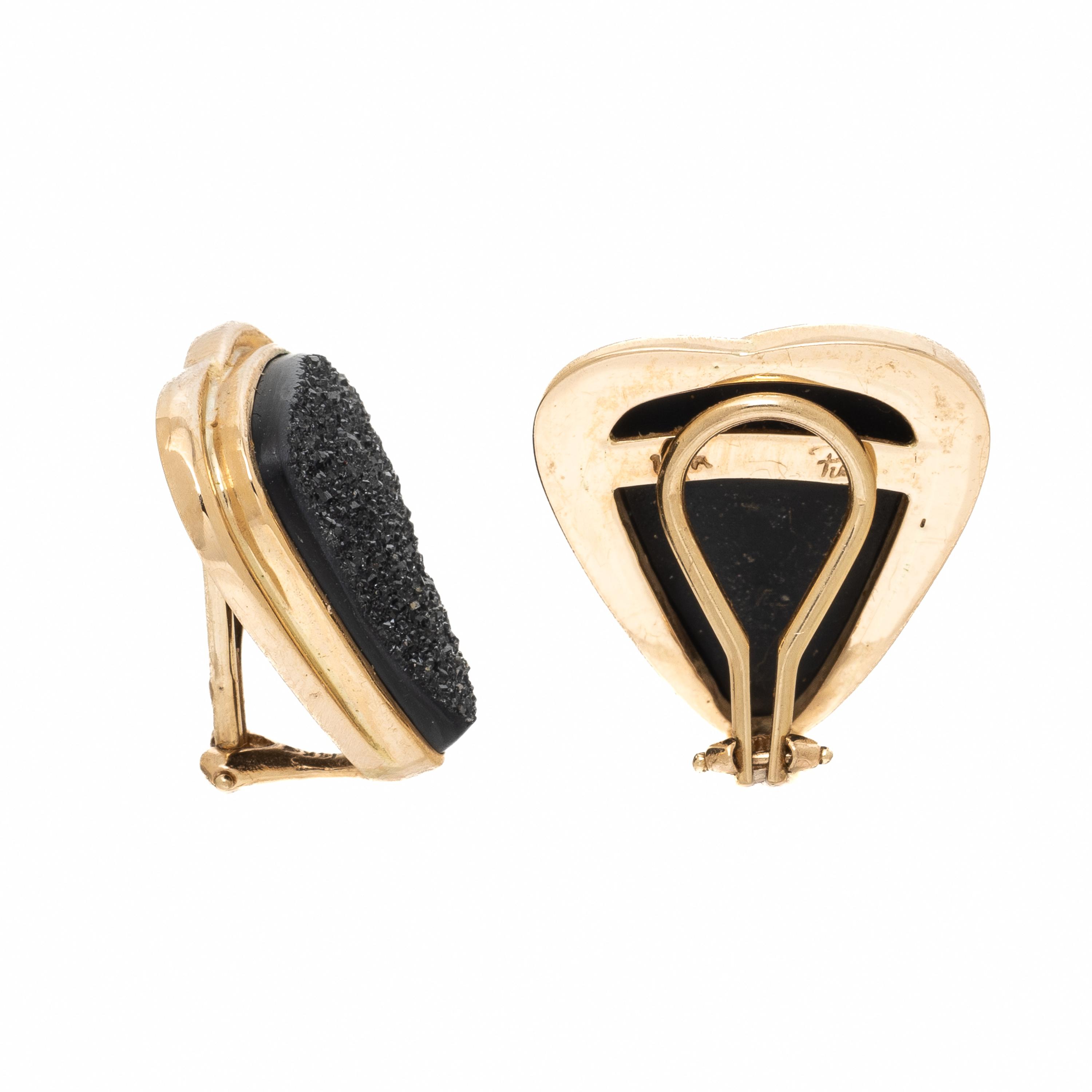 Black Druzy Quartz and Yellow Gold Earrings
