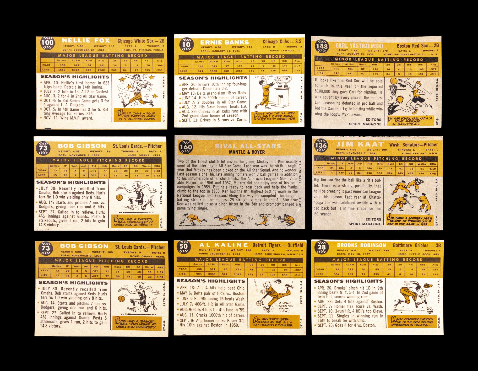 A Group of Nine 1960 Topps Baseball Cards Including Multiple Hall of Famers and Carl Yastrzemski Rookie No. 148,