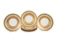 A Set of Twelve Hutschenreuther Gilt Decorated White and Cobalt GLazed Porcelain Dinner Plates