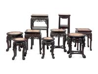 A Collection of Nine Assorted Chinese Marble Inset Rosewood Stands, Late 19th to Early 20th Century