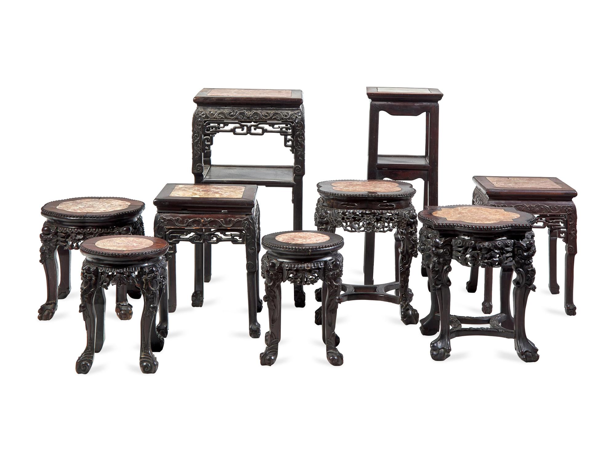 A Collection of Nine Assorted Chinese Marble Inset Rosewood Stands, Late 19th to Early 20th Century
