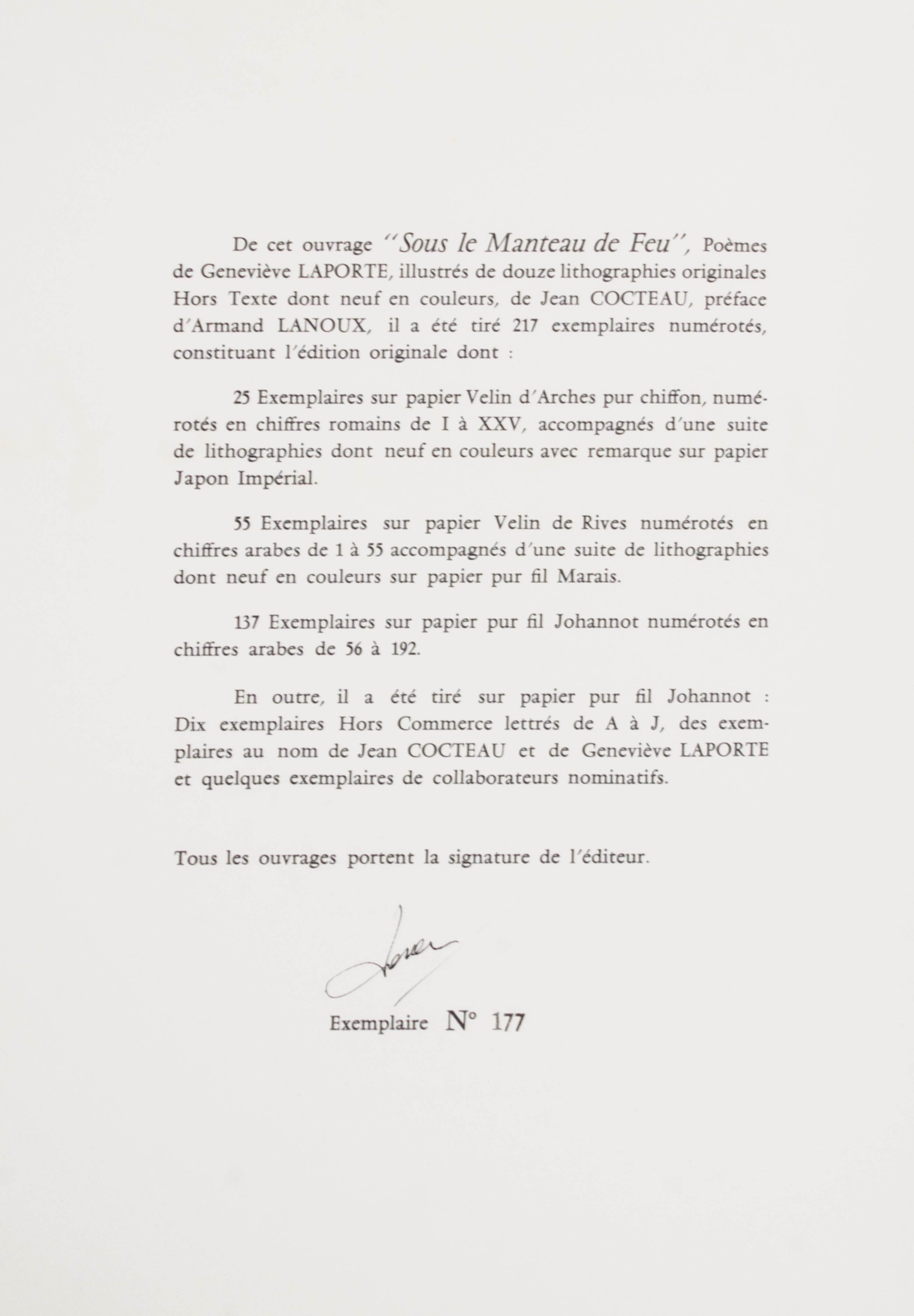 (COCTEAU, JEAN) LAPORTE, GENEVIEVE. Sous le manteau de feu. Paris, 1955. Limited, signed.