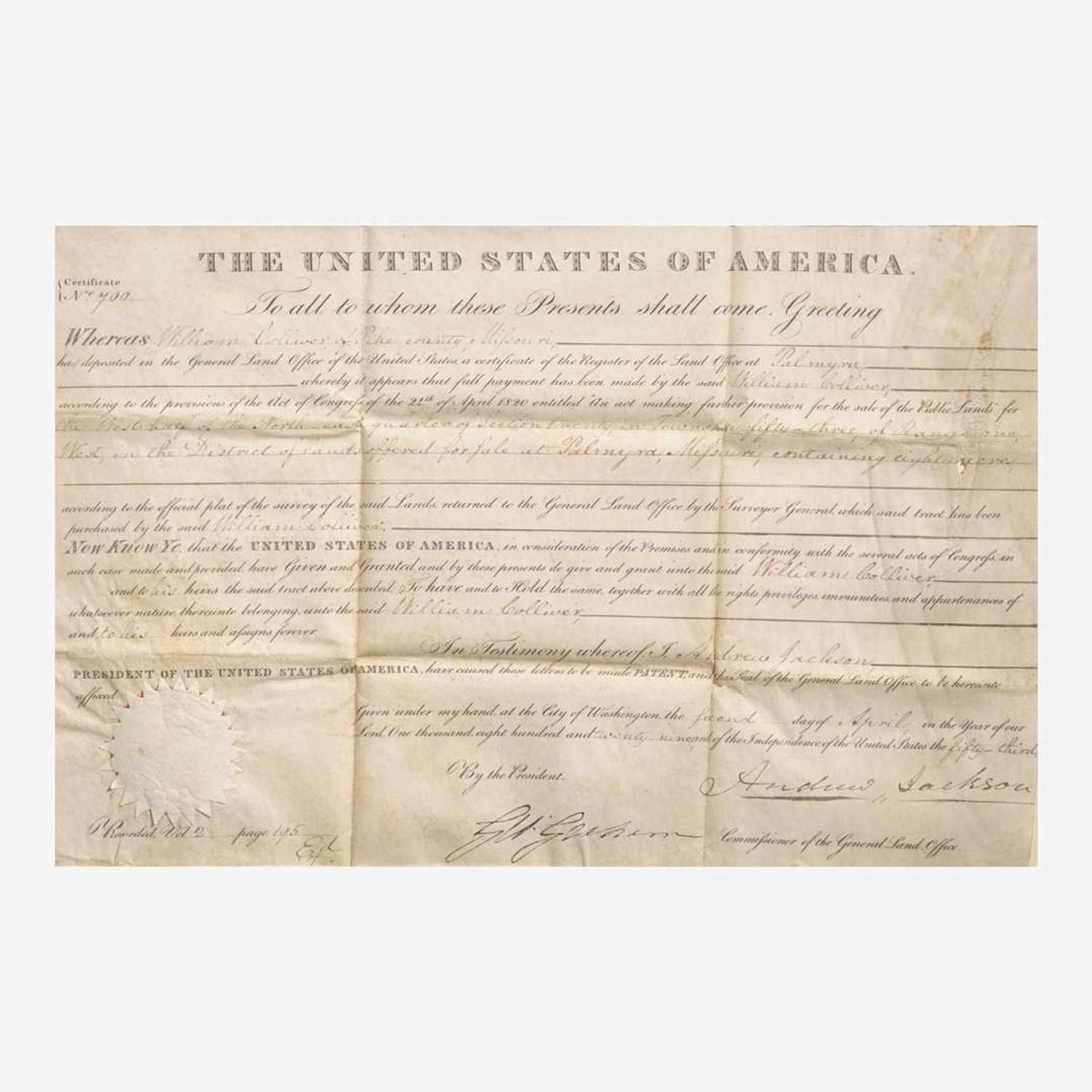 [Presidential] Jackson, Andrew Partially-Printed Land Patent, signed