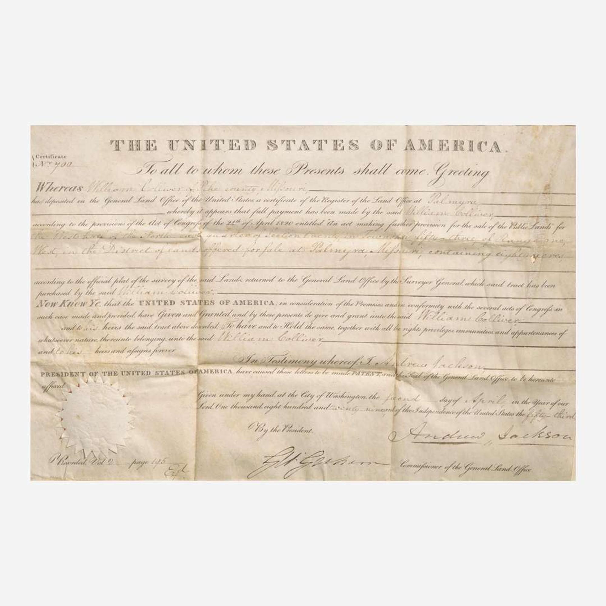[Presidential] Jackson, Andrew Partially-Printed Land Patent, signed