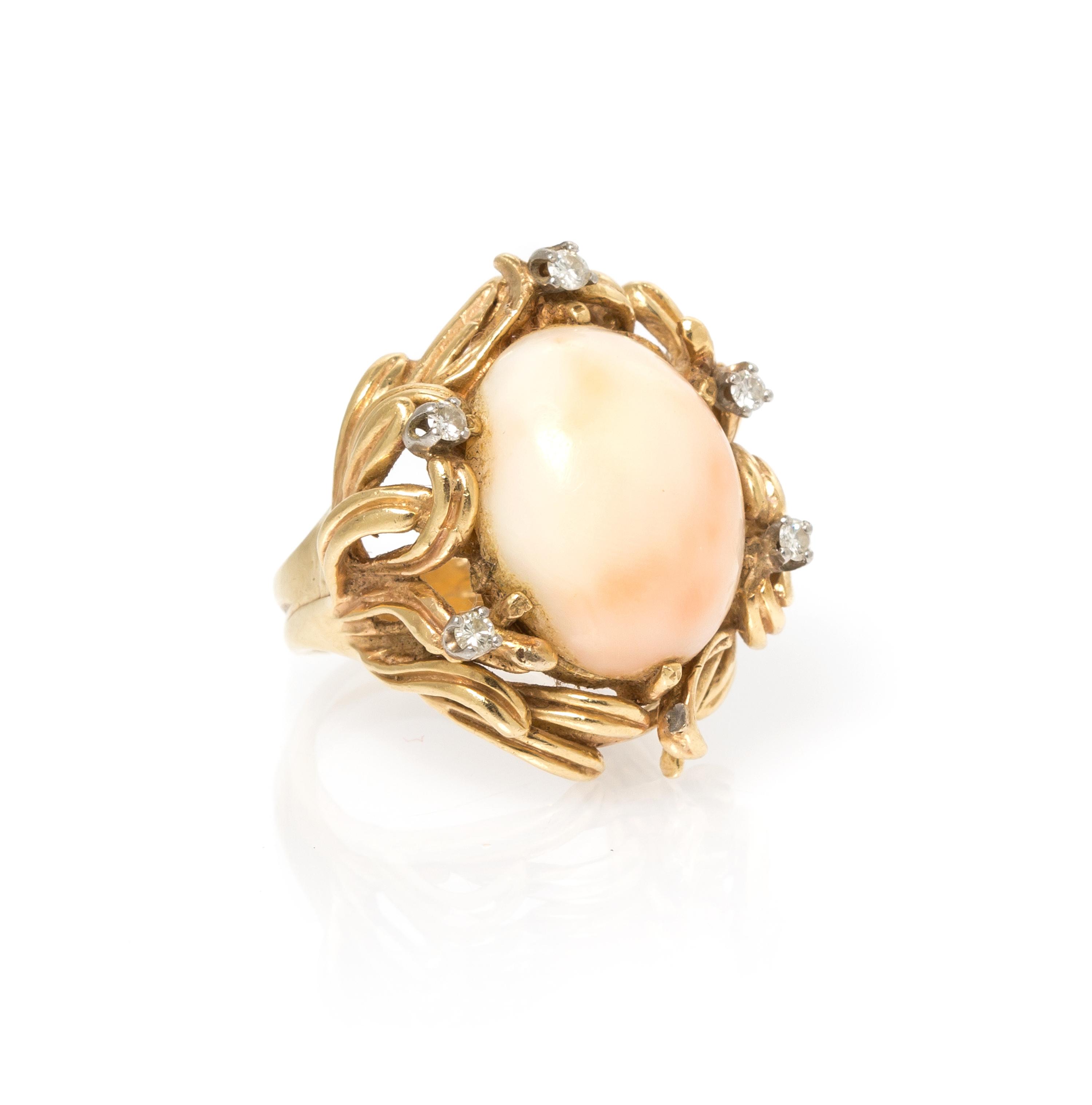A Yellow Gold, Coral and Diamond Ring, 10.70 dwts.
