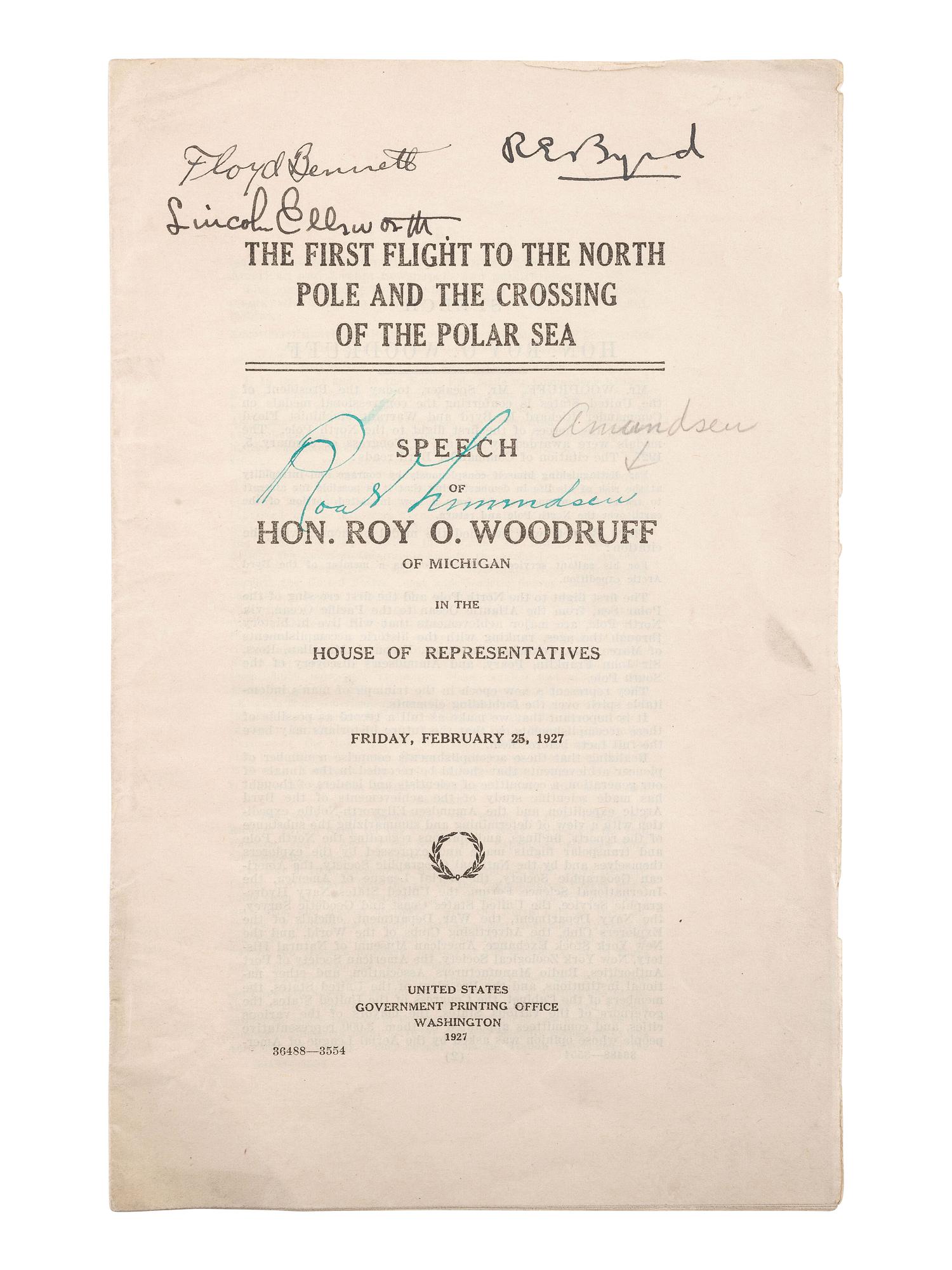 [EXPLORATION]. Speech signed by Commander Richard E. Byrd (1888-1957) and other polar explorers.