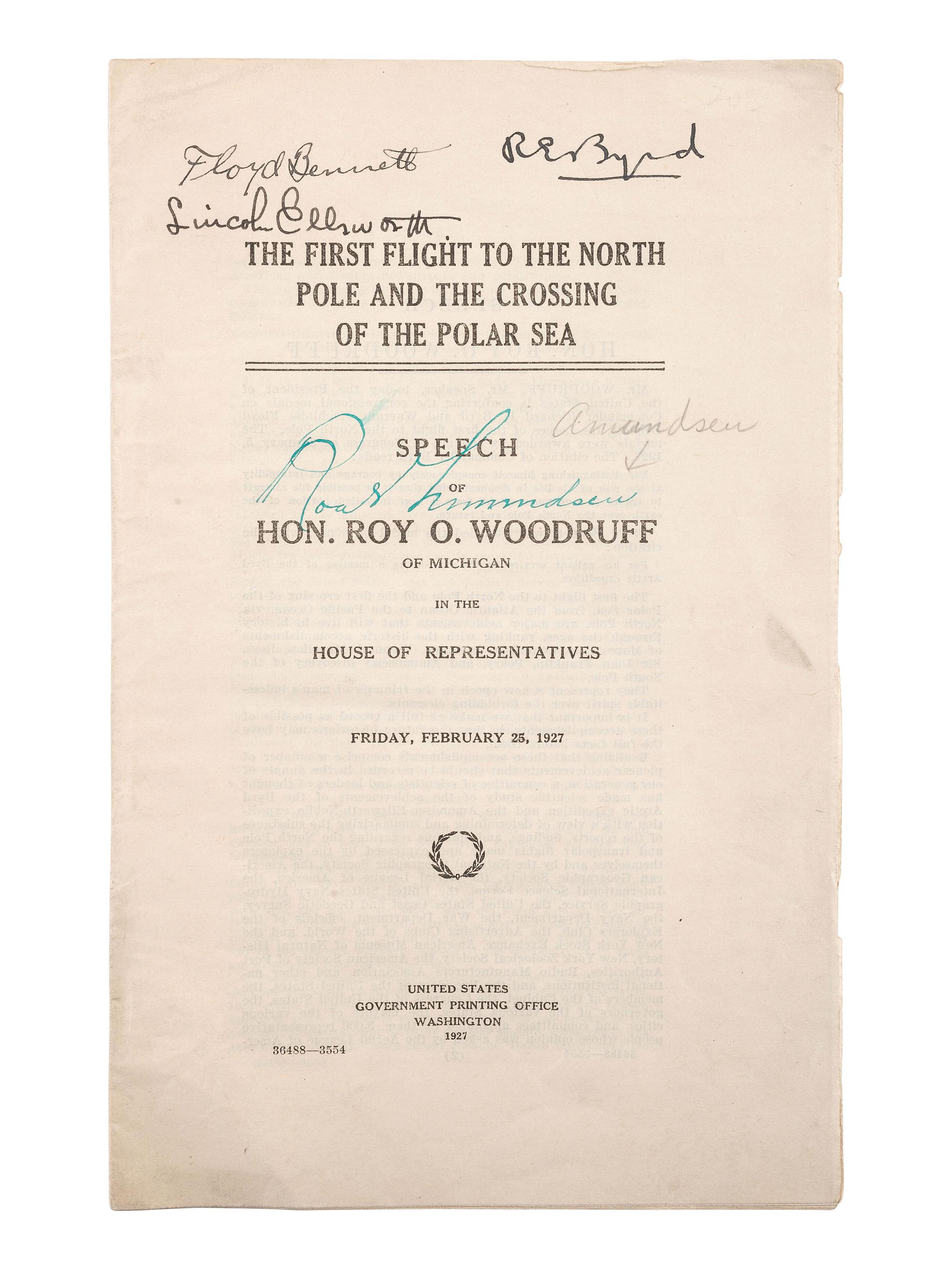 [EXPLORATION]. Speech signed by Commander Richard E. Byrd (1888-1957) and other polar explorers.