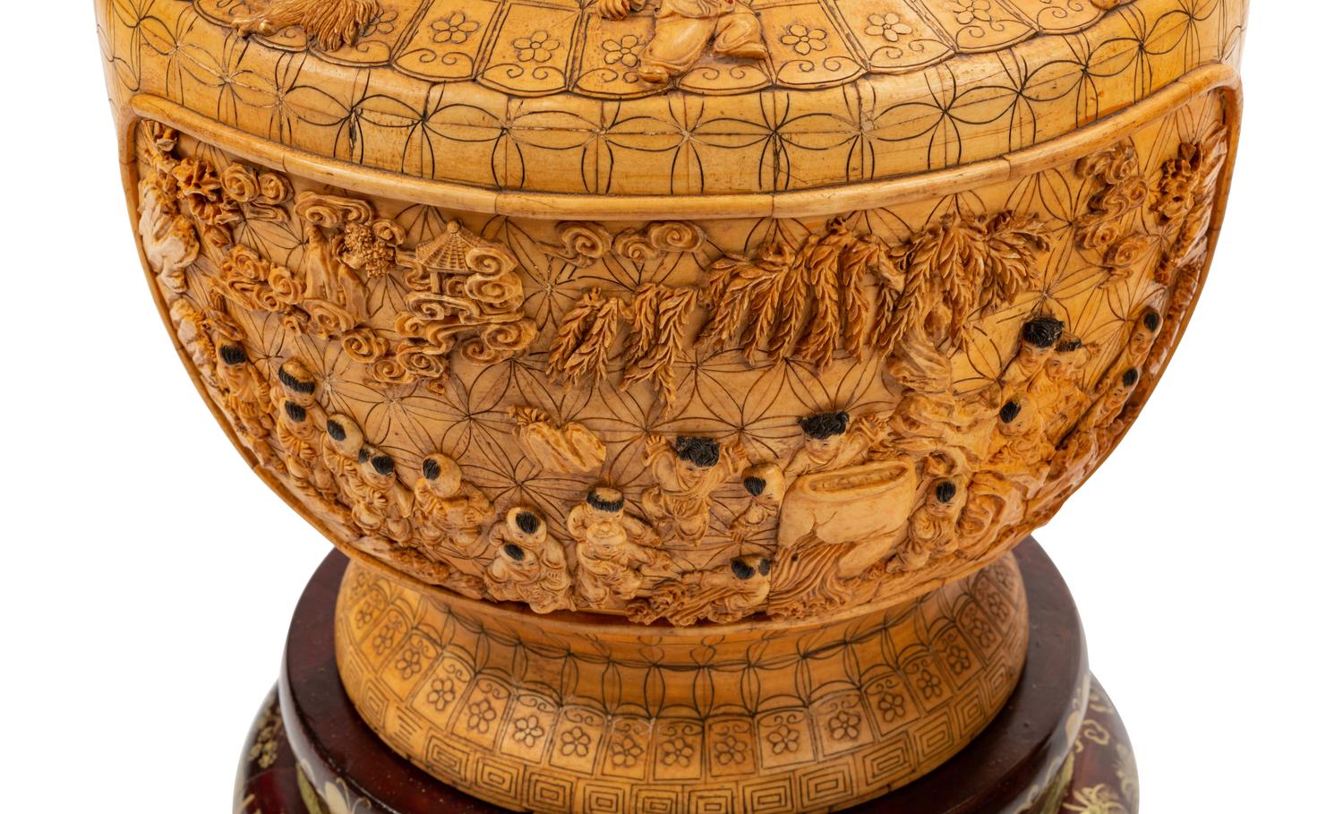 A Pair of Chinese Export Bone Veneered Vases on Painted Wood Stands
