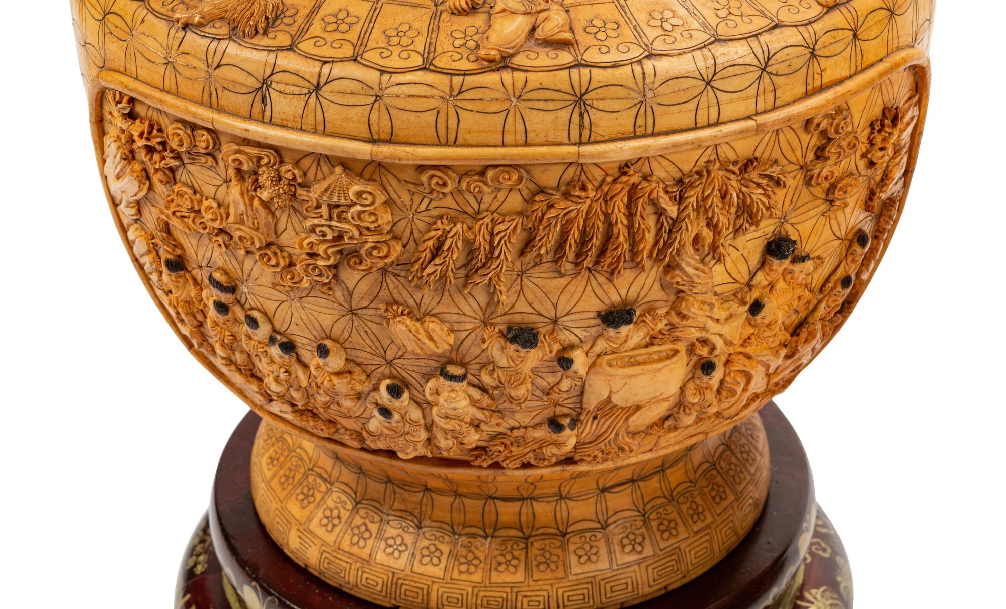 A Pair of Chinese Export Bone Veneered Vases on Painted Wood Stands