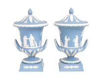 A Pair of Wedgwood Jasperware Covered Urns Height 11 1/2 inches. — 20TH CENTURY