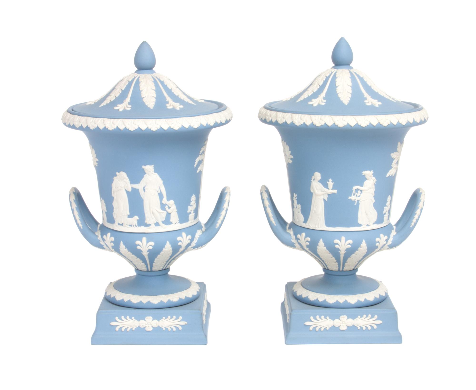 A Pair of Wedgwood Jasperware Covered Urns Height 11 1/2 inches. — 20TH CENTURY