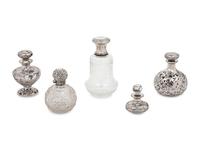 Five Victorian Silver Mounted Glass Scent Bottles