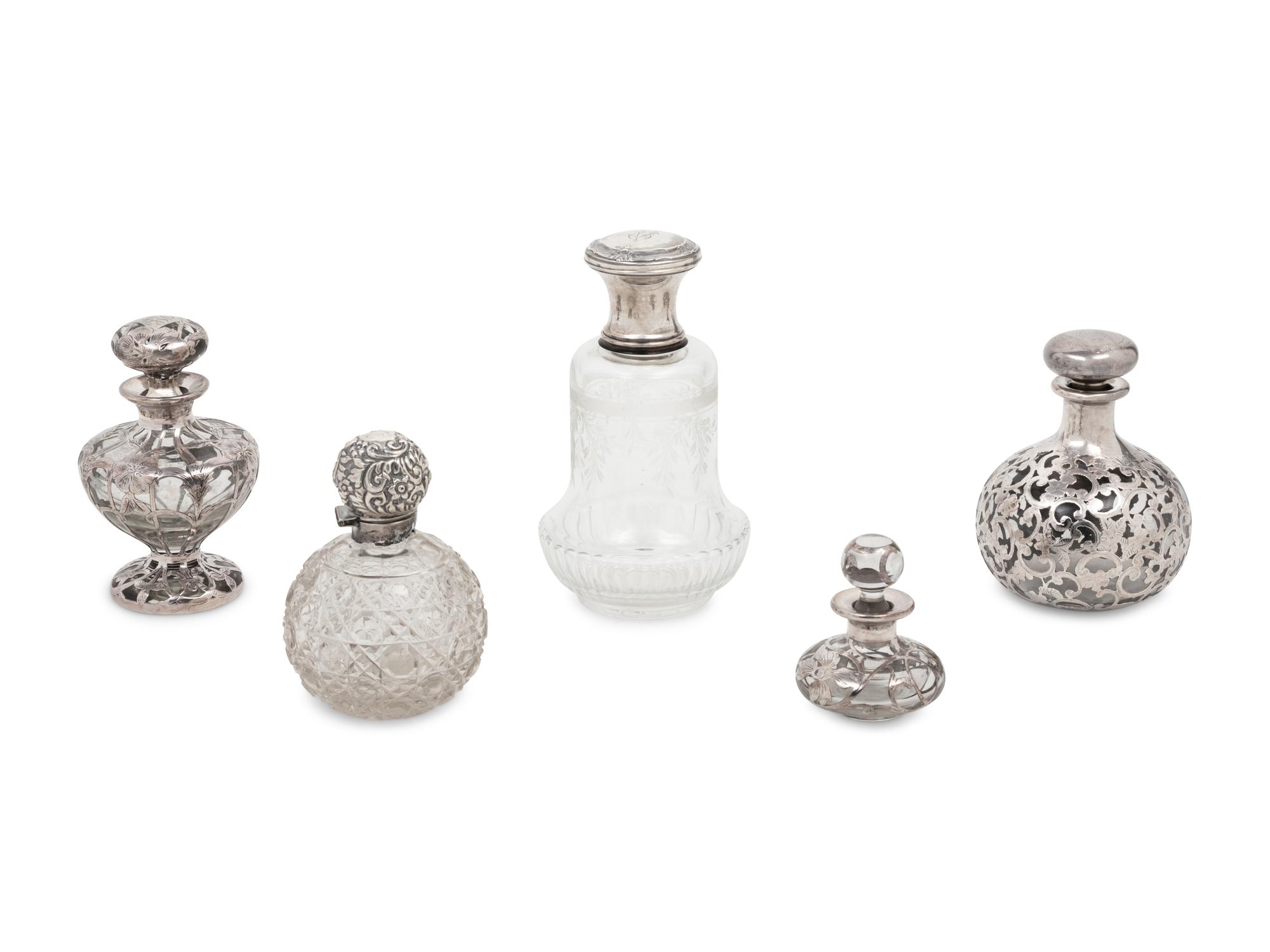 Five Victorian Silver Mounted Glass Scent Bottles