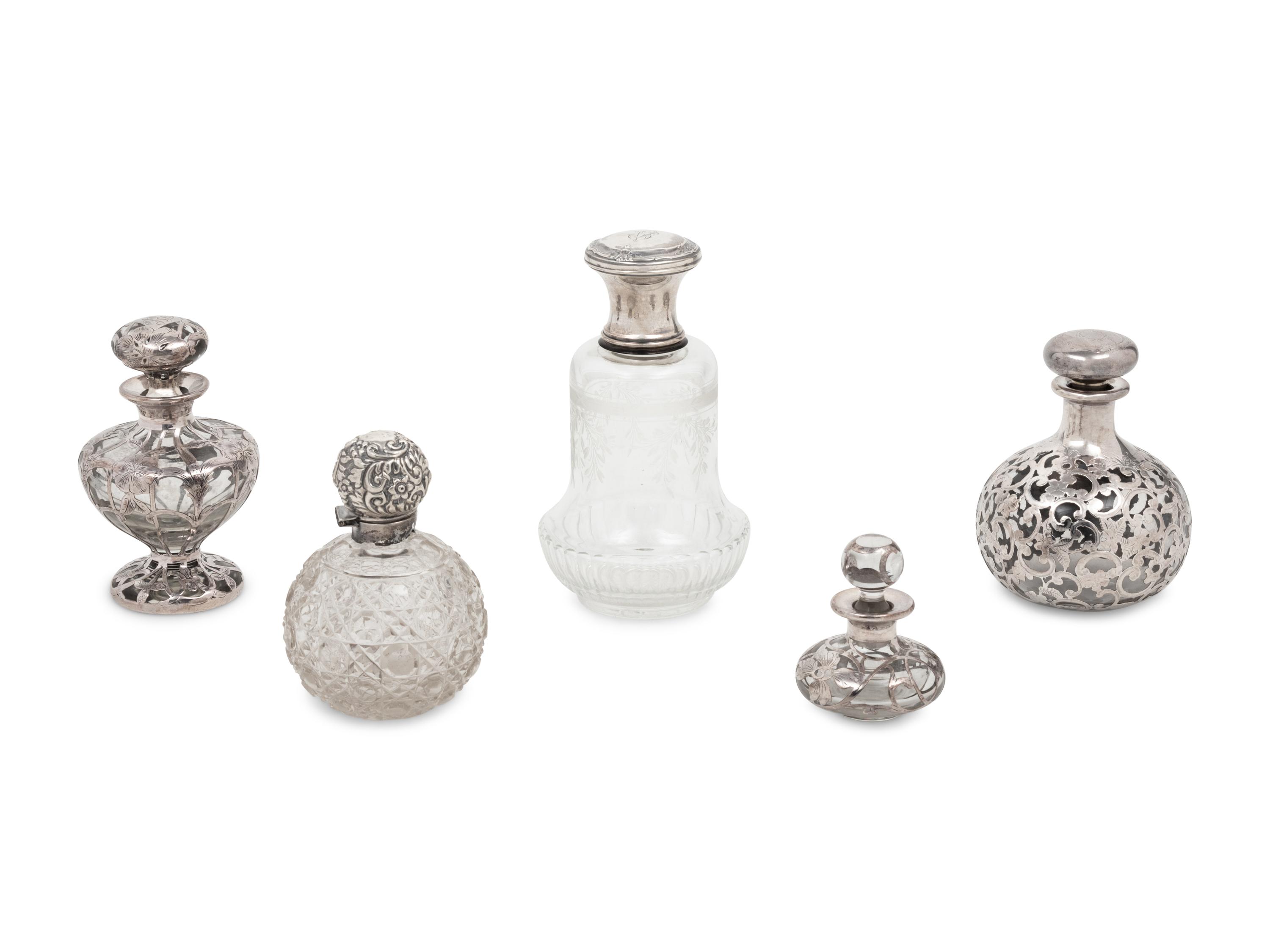 Five Victorian Silver Mounted Glass Scent Bottles