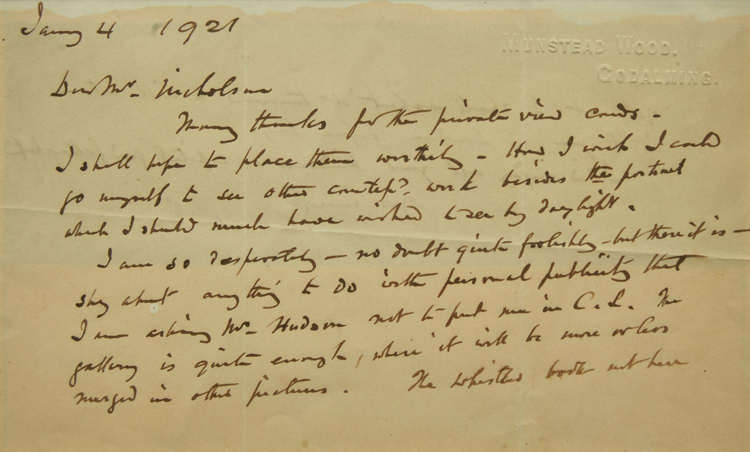 [Gardening] Jekyll, Gertrude. Group of Three Autograph Letters, signed, to artist William Nicholson
