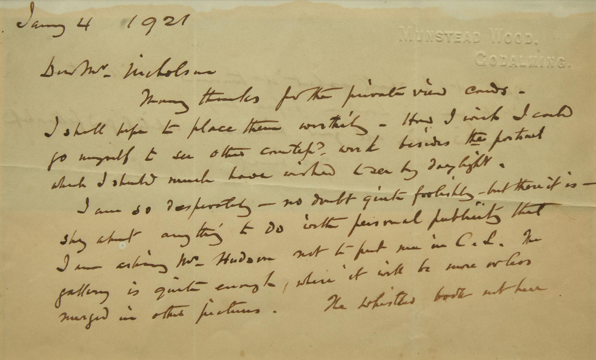 [Gardening] Jekyll, Gertrude. Group of Three Autograph Letters, signed, to artist William Nicholson