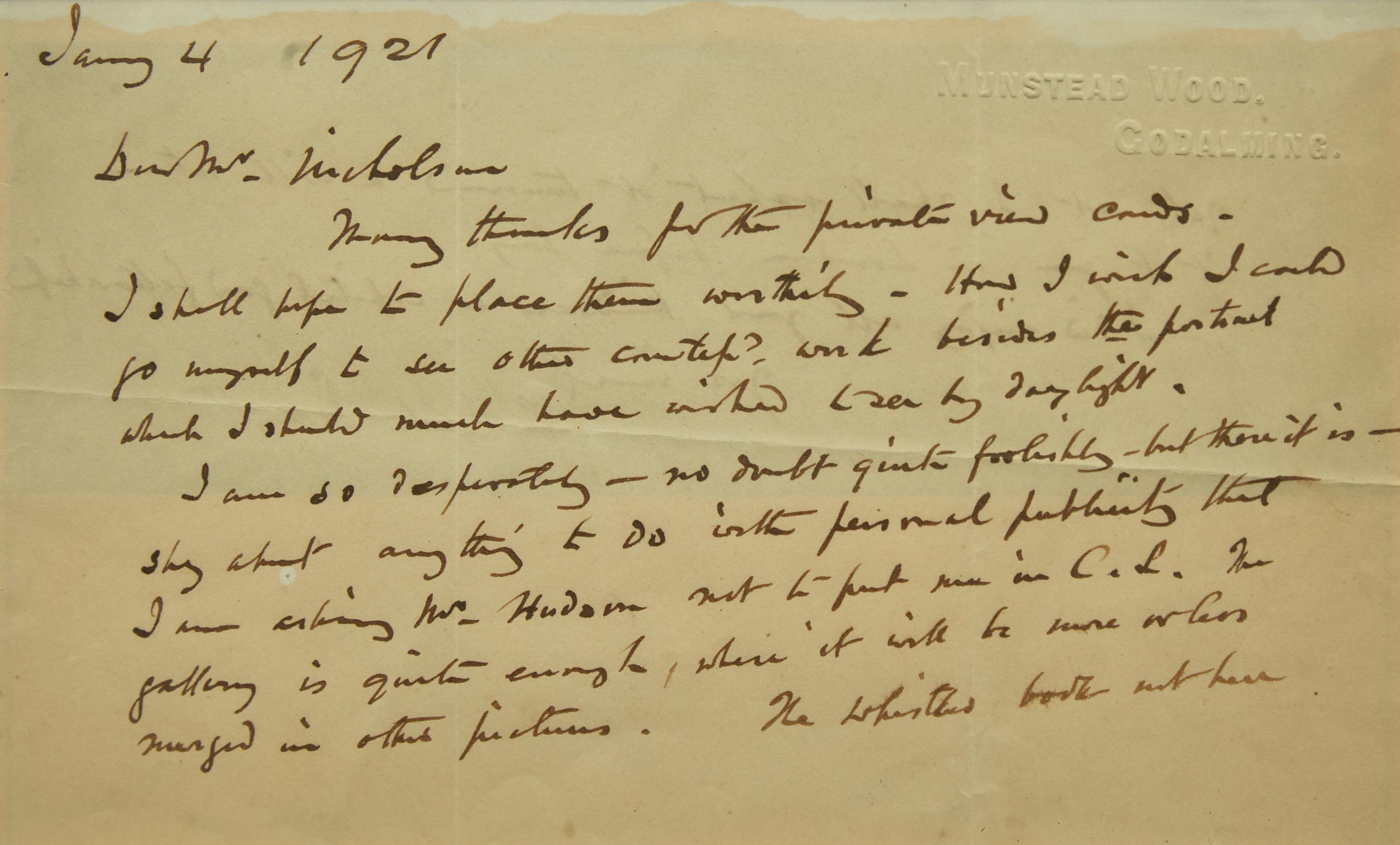 [Gardening] Jekyll, Gertrude. Group of Three Autograph Letters, signed, to artist William Nicholson