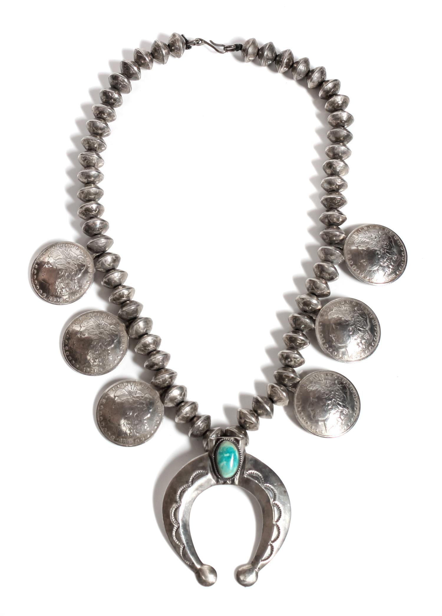 Southwestern Silver, Liberty Coin and Turquoise Squash Blossom Length 14 1/4 inches