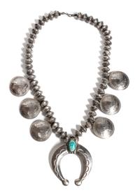 Southwestern Silver, Liberty Coin and Turquoise Squash Blossom Length 14 1/4 inches