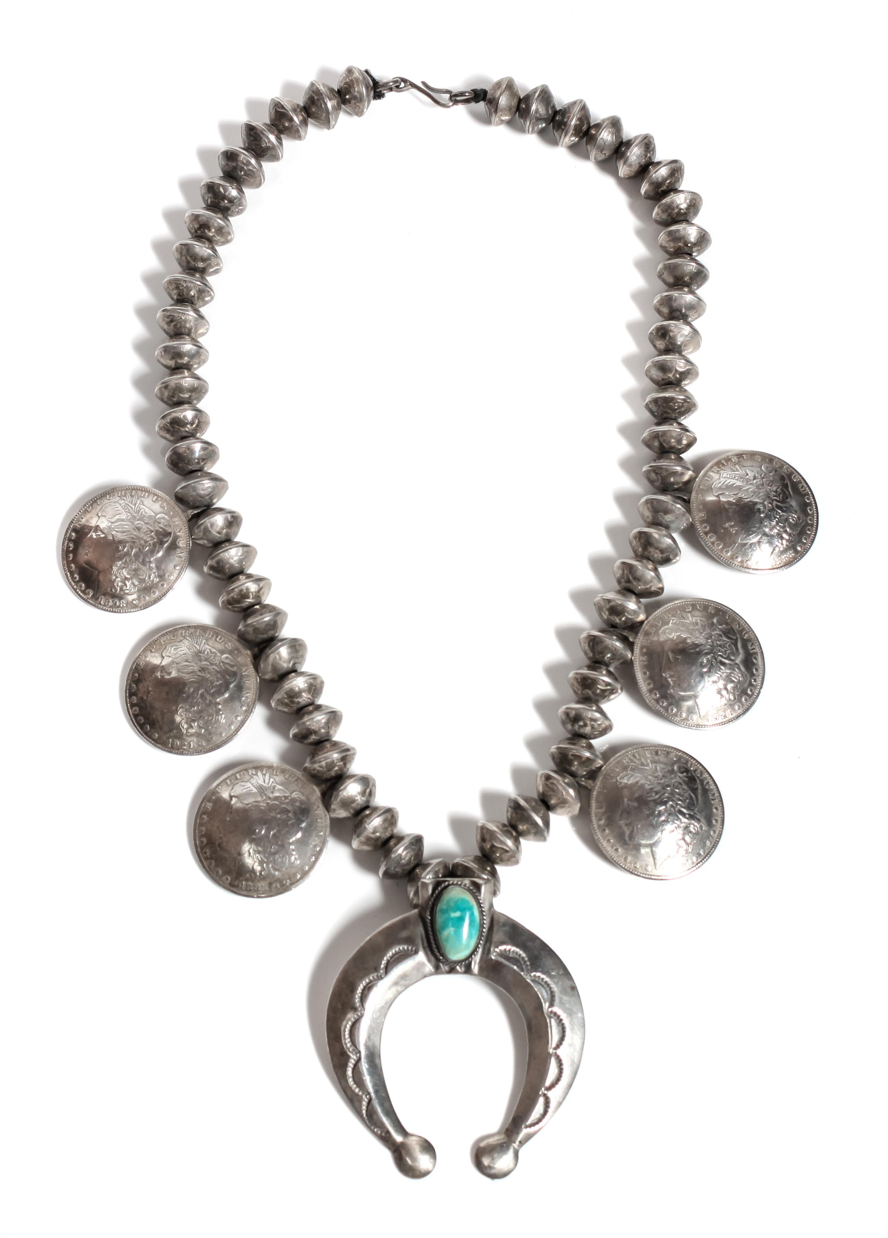 Southwestern Silver, Liberty Coin and Turquoise Squash Blossom Length 14 1/4 inches