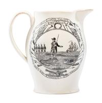 A Liverpool Transfer-Printed Creamware 'First in War, First in Peace / By Virtue and Valour' Pitcher