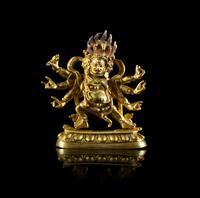 A Small Sino-Tibetan Gilt Bronze Figure of a Six-Armed Yamantaka