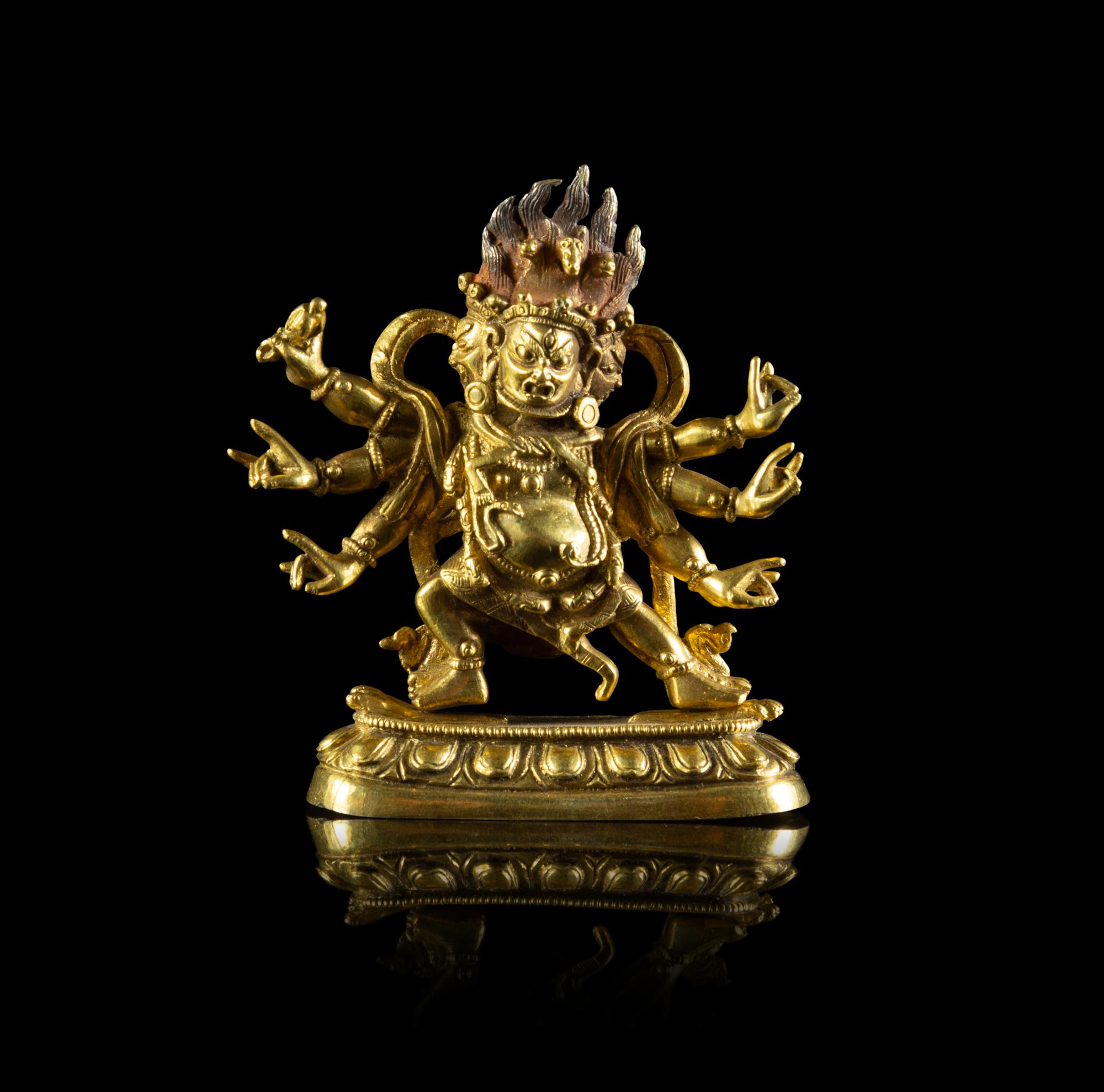 A Small Sino-Tibetan Gilt Bronze Figure of a Six-Armed Yamantaka