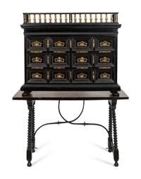 A Flemish Ebonized and Gilt Bronze Mounted Cabinet and Associated Spanish Renaissance Stand