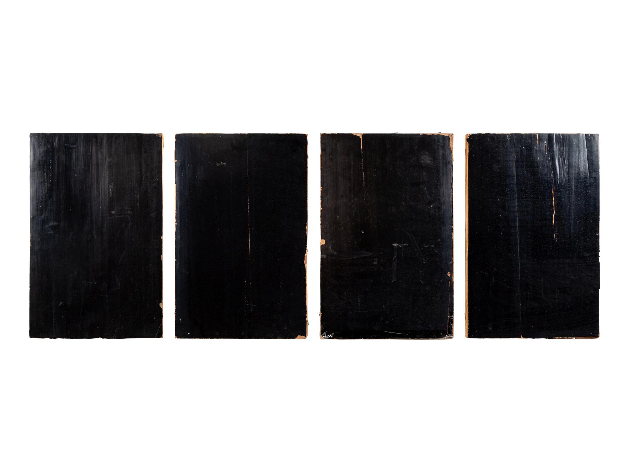 A Set of Four Chinese Gilt and Red Lacquered Wood 'Four Seasons' Panels