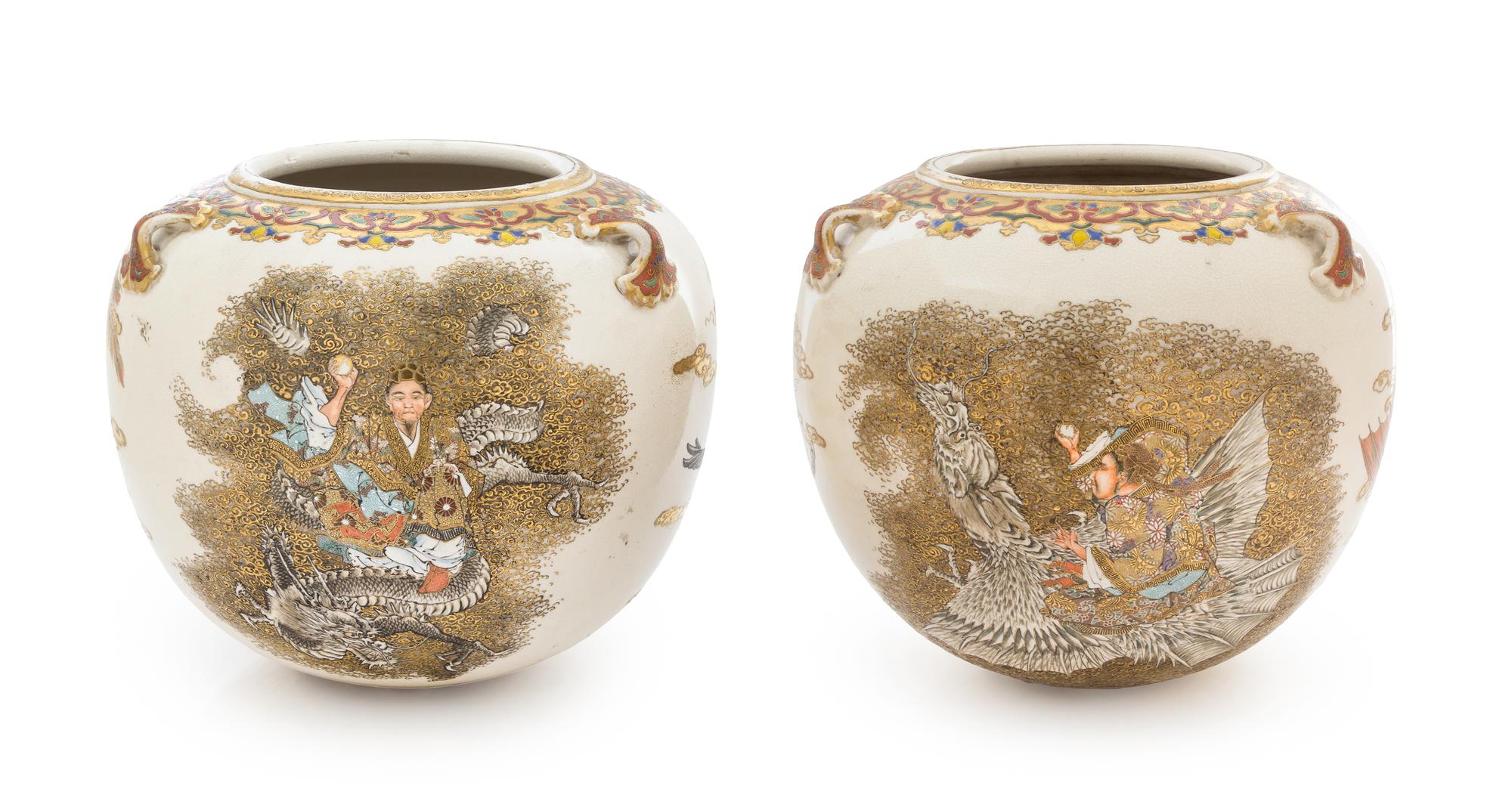 A Pair of Japanese Satsuma Hanging Vases 19TH CENTURY, MEIJI PERIOD Height 9 inches. — 19TH CENTURY, MEIJI PERIOD